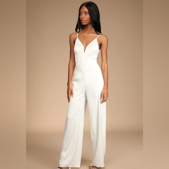 Lulus NWT Lasting Romance Ivory Satin Bow Back Wide-Leg Jumpsuit Small - Picture 3 of 4